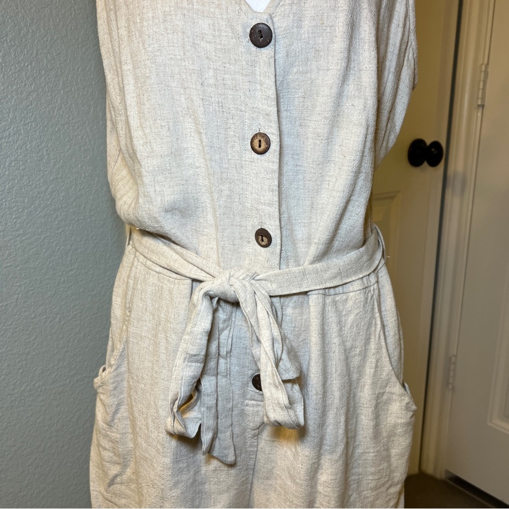 Women’s‎ Beige Linen Sleeveless Romper with Button Accents Tie Waist Size Large - Picture 6 of 14